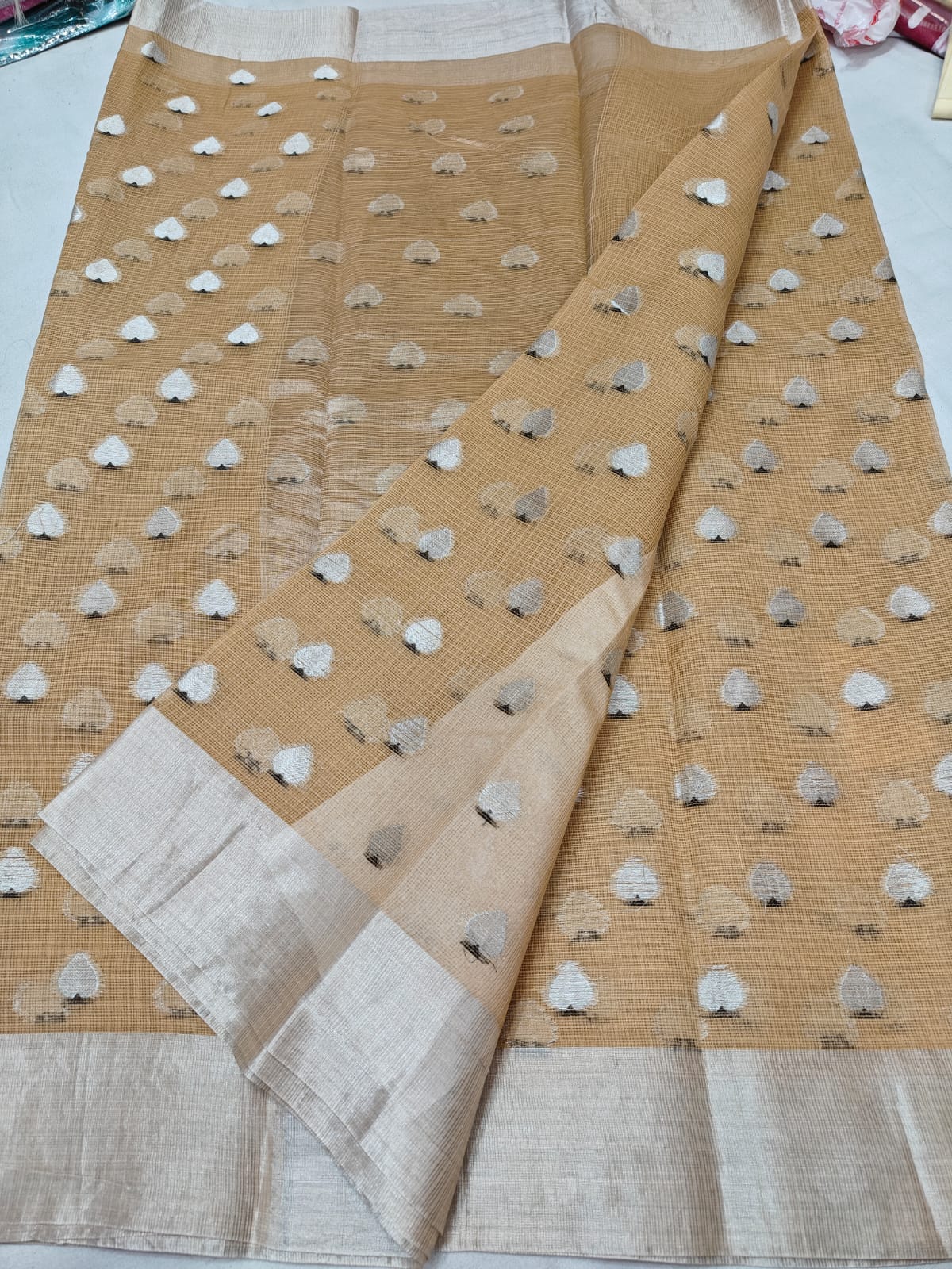 Pure Kota Doria Beige Saree with Silver Zari Handwoven Motifs & Border