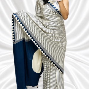 Ivory & Navy Blue 3-Ply Pure Silk Handcrafted Saree with Fine Stripes & Geometric Border | Silk Mark